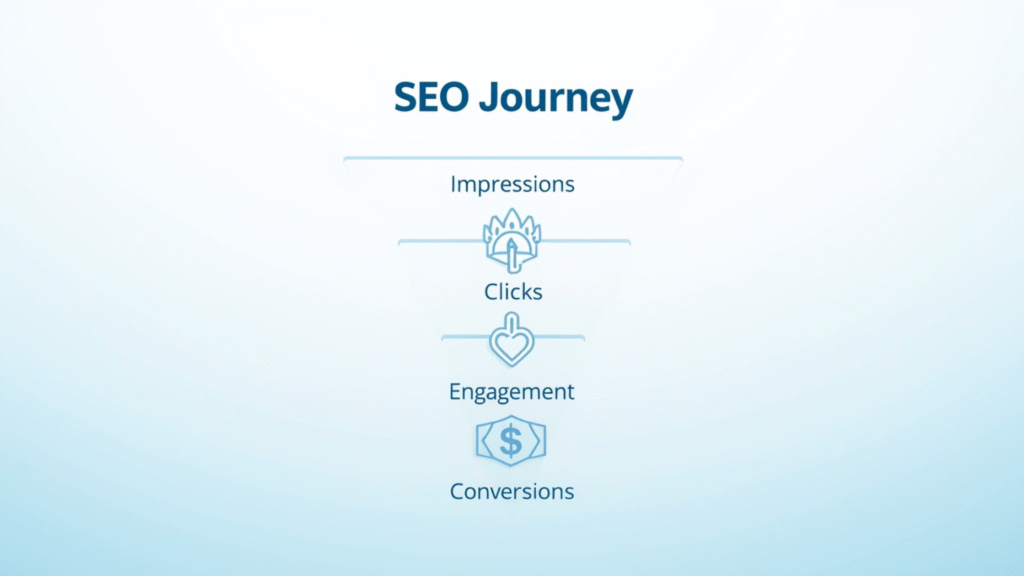 SEO data funnel visualizing user journey metrics.